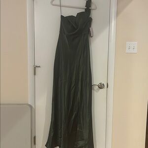 Elegant Dark Green One-Shoulder Gown with optional spaghetti straps